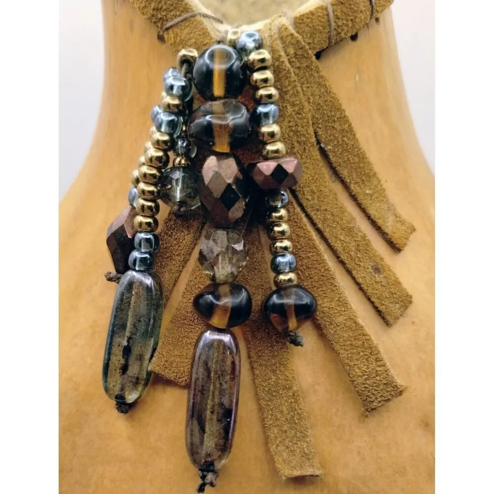 Handmade Gourd Vase Leather Wrapped Crystal Beads Fringe Folk Art Boho Artisian
